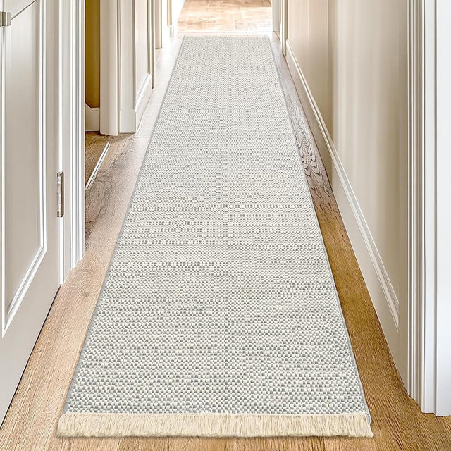 Tritard Extra Long Runner Rugs for Hallway 2x12 Washable Woven Cotton Runners with Tassels Checkered Indoor Entryway Carpet Boho Checkerboard Kitchen Rug for Hall, Bedroom, Doorway, Grey/Beige