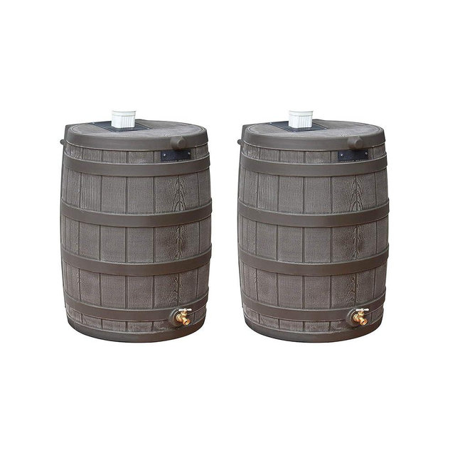 Good Ideas 50 Gallon Large Faux Wood Plastic Rain Water Barrel Collector with Brass Spigot for Rainwater Collection and Storage, Oak, 2 Pack