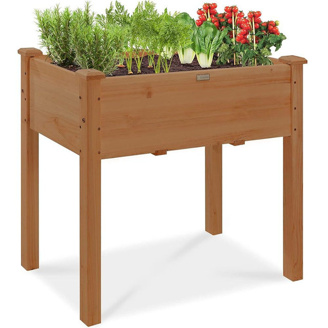 Best Choice Products 34x18x30in Raised Garden Bed, Elevated Wood Planter Box Stand for Kids, Backyard, Patio, Balcony w/Bed Liner, 150lb Capacity - Acorn Brown
