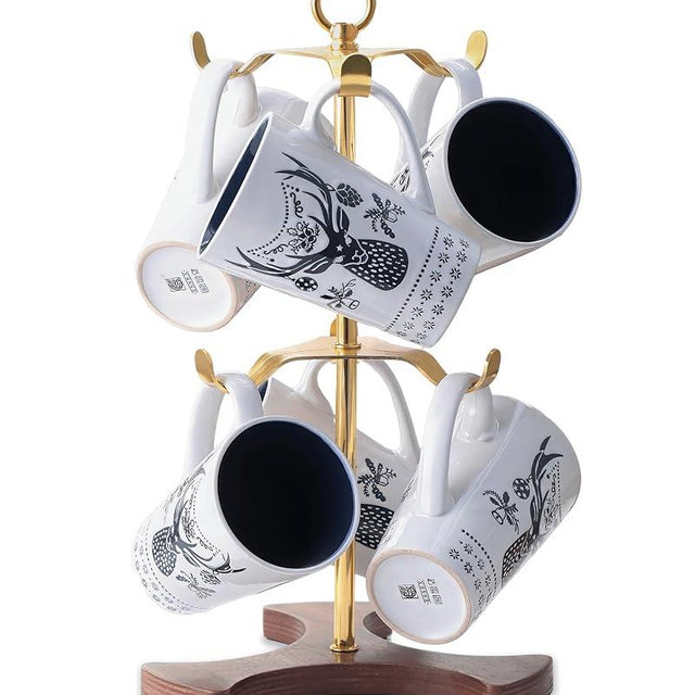 Gold Mug Holder Tree for Countertop | 2-Tier Coffee Mug Rack Holds 6 Large Mugs, 5oz to 20oz | Elegant Golden Cup Stand with Solid Wood Base | Kitchen Counter Organizer & Coffee Bar Accessories