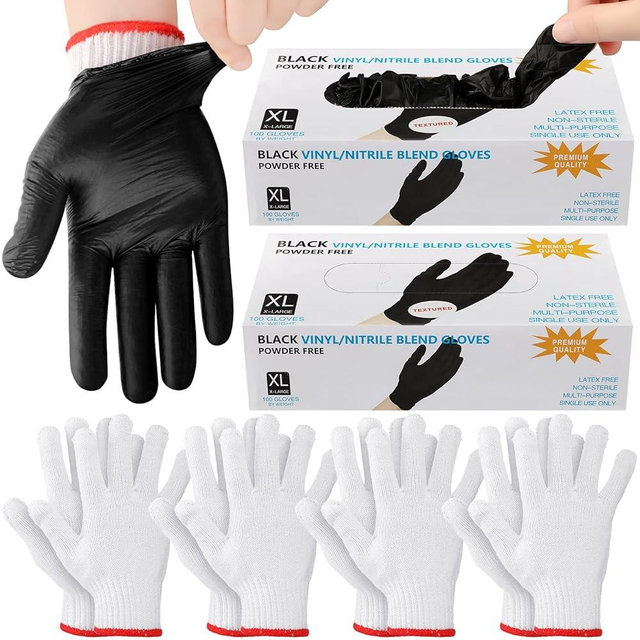 200 Pcs Disposable BBQ Gloves Nitrile Gloves with 4 Pairs Cotton Liners Grilling Gloves for Barbecue Smoking Meat Cooking(X-Large,Black, White)