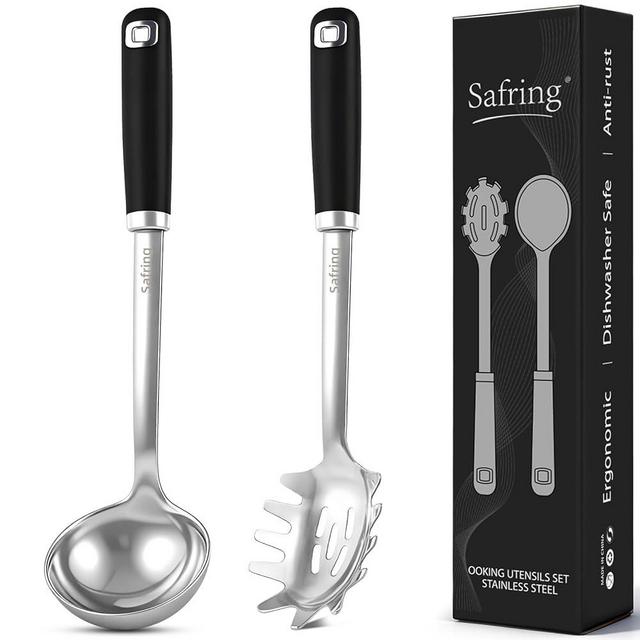Safring Stainless Steel Soup Ladle and Spaghetti Spoon Set, Heat Resistant Rubber Handle, Dishwasher Safe, Kitchen Utensils for Cooking, Stirring, Serving Pasta, Soup & Sauce