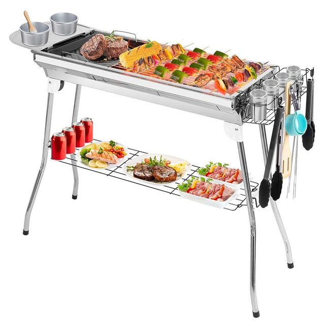 Portable Charcoal Grills,Outdoor Folding Barbecue Grill, Stainless Steel Foldable BBQ Grill Set w/Spice Plate&Storage&Holder,Large Kabob Smoker Grill for Cooking Camping Picnic Garden Party-US Spot