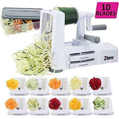 10-Blade Spiralizer Vegetable Slicer Strongest Heaviest Duty Veggie Pasta Spaghetti Maker for Healthy Low Carb/Paleo/Gluten-Free Meals with Blade Caddy, Container, Lid & Exclusive Recipe Book by Zlew