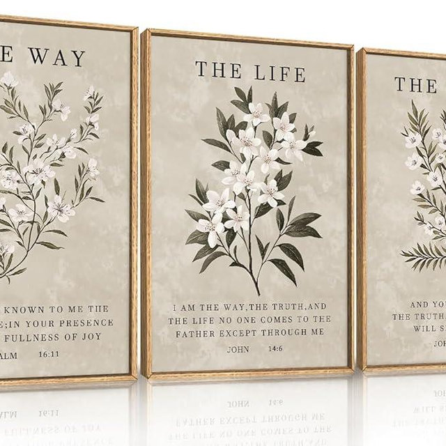 DRACIT Vintage The Way The Truth The Life Framed Canvas Wall Art Set,Boho Floral Christian Scripture Wall Decor,Religious Botanical Psalm Verse Artwork for Living Room,Bedroom,Prayer Room-16"x24"x3