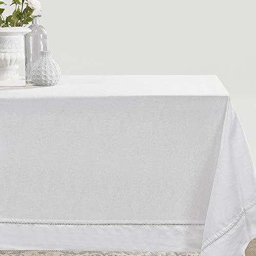 Simple&Opulence Premium 100% Linen Hemstitch Tablecloth- 60 x 84 Inch White, Natural Fabric, Rectangular Tablecloth for Indoor and Outdoor Use