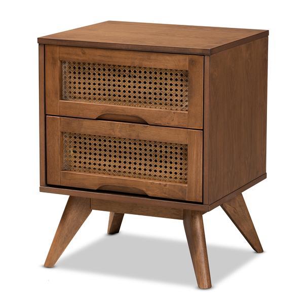 Barrett Mid-Century Modern Walnut Brown Finished Wood And Synthetic Rattan 2-Drawer Nightstand