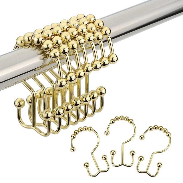 Amazer Shower Curtain Hooks Rings, Stainless Steel Shower Curtain Rings Metal Double Glide Shower Hooks for Bathroom Shower Rods Curtains, Polished Golden, Set of 12 Hooks