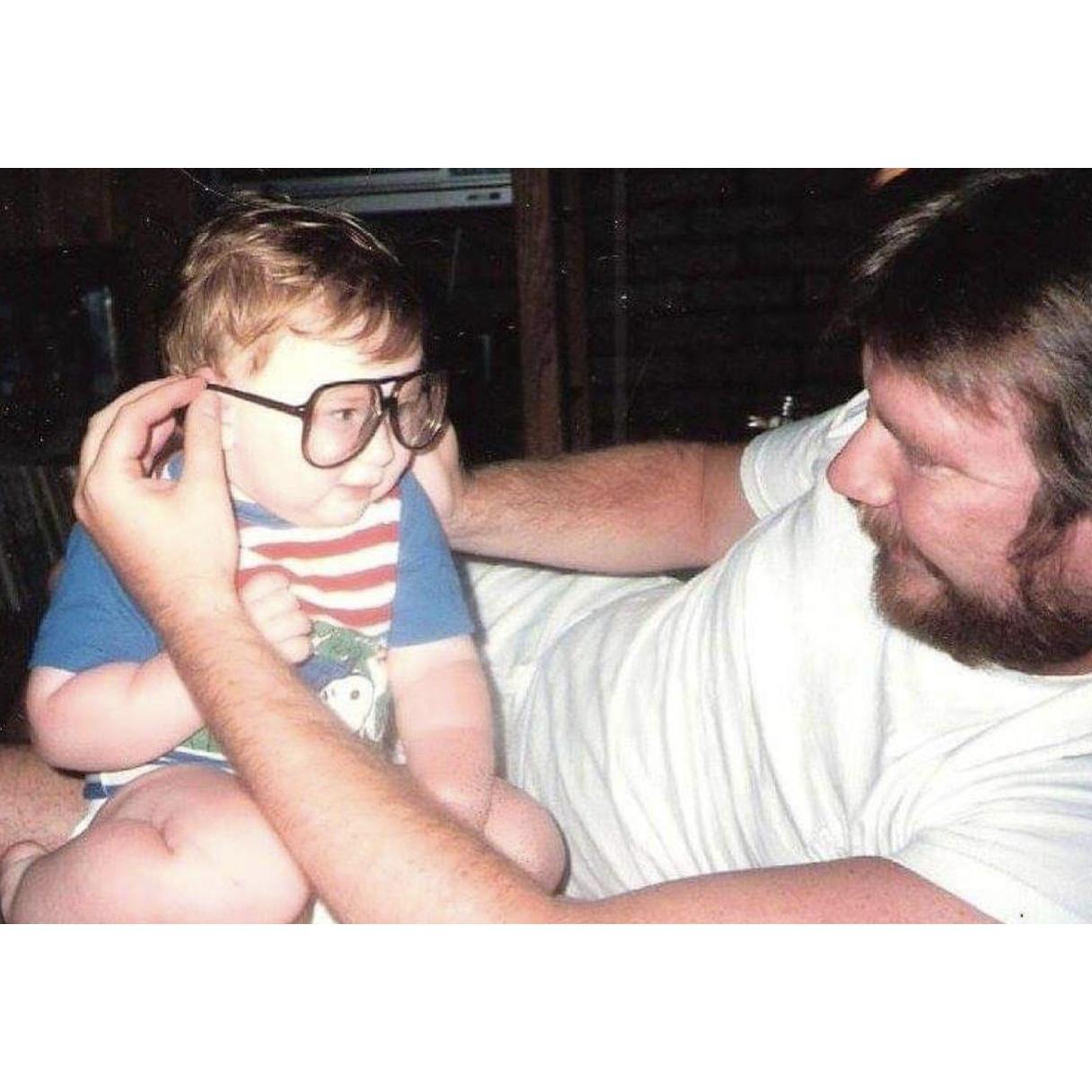 Fletcher wearing his first pair of glasses 😂 (his dads glasses)