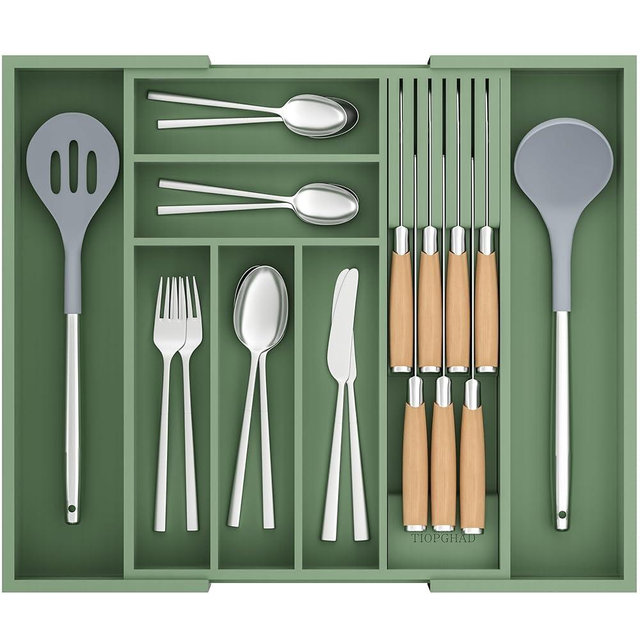 TIOPGHAD Bamboo-Silverware-Drawer-Organizer-Kitchen, Expandable Utensil Holder Cutlery Tray Flatware Organization Adjustable Wood Tableware Dividers Storage (with Removable Knife Block)(Grayish Green)