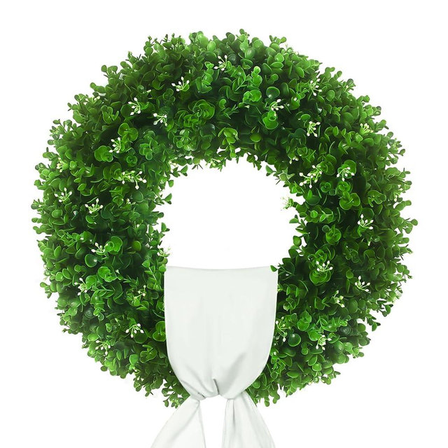 Hecaty 24'' Boxwood Wreaths Front Door, UV Resistant Leaves & Flower Buds, Artificial Greenery Spring Summer Wreath with a Sash for Farmhouse Home Outdoor Indoor Hanging Spring Decor (Foldable)
