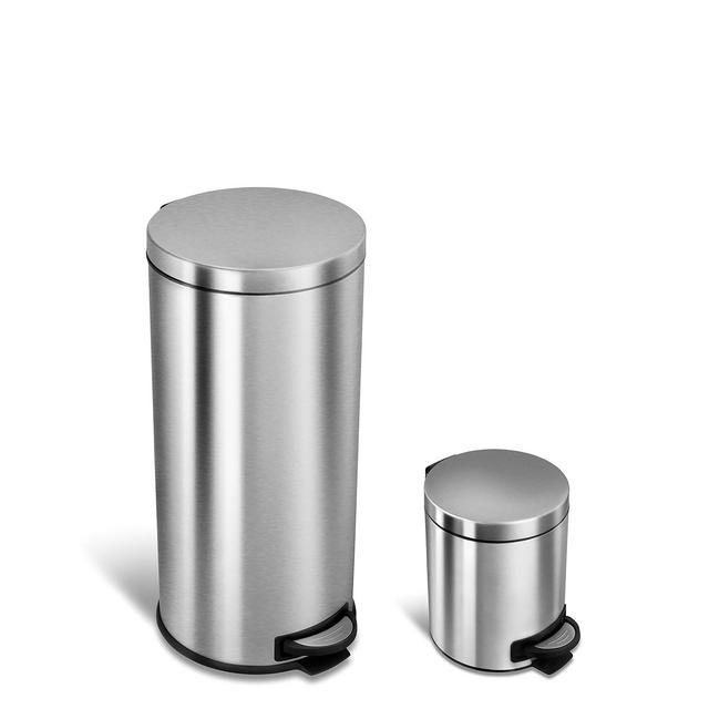 NINESTARS CB-SOT-30-1/5-1 Step-on Trash Can Combo Set, 8 Gal 30L & 1.2 Gal 5L, Stainless Steel Base (Round, Stainless Steel Lid)
