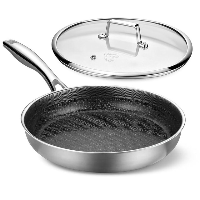 PekGema Hybrid Nonstick Frying Pan 12 inch with lid,5-Ply Stainless Steel Skillet,Ceramic Coating PFAS-Free.Oven-Safe 500°F,Induction Compatible with All Cooktops,Stay-CoolHandle,Dishwasher-Friendly,