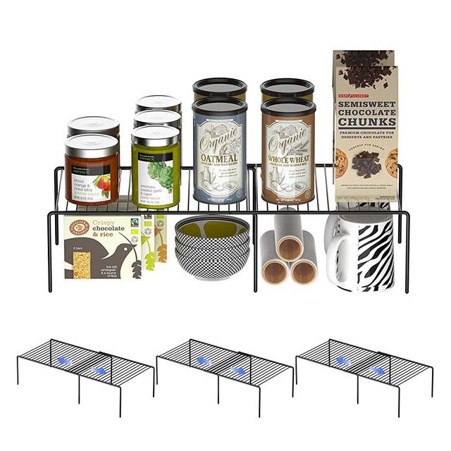 Redrubbit Cabinet Storage Shelf Rack, 8 Piece Expandable Metal Rustproof Kitchen Counter and Cabinet Shelf, Storage Rack Organizer Space Saver for Kitchen, Fridge, Cabinet, Bathroom, Black, Set of 4