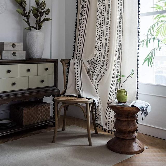 Lahome Bohemian Geometric Tassel Window Curtains - 2 Panels Semi Blackout Cotton Blend Farmhouse Boho Style Drapes Rod Pocket Window Curtain with Tassels for Living Room (Bohemian, 52" W x 63" L Pair)