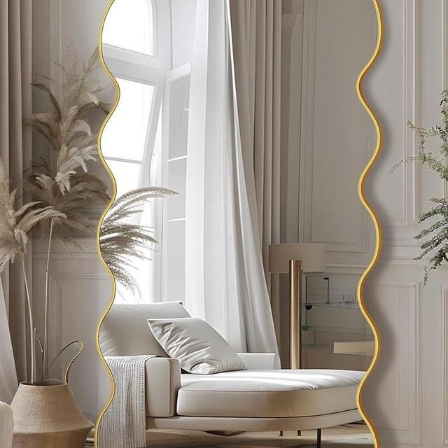 LadyNow Full Length Mirror, 76"x34" Wavy Floor Mirror Freestanding, Floor Standing Full Body Mirror with Stand for Bedroom, Hanging Mounted for Living Room Cloakroom, Gold