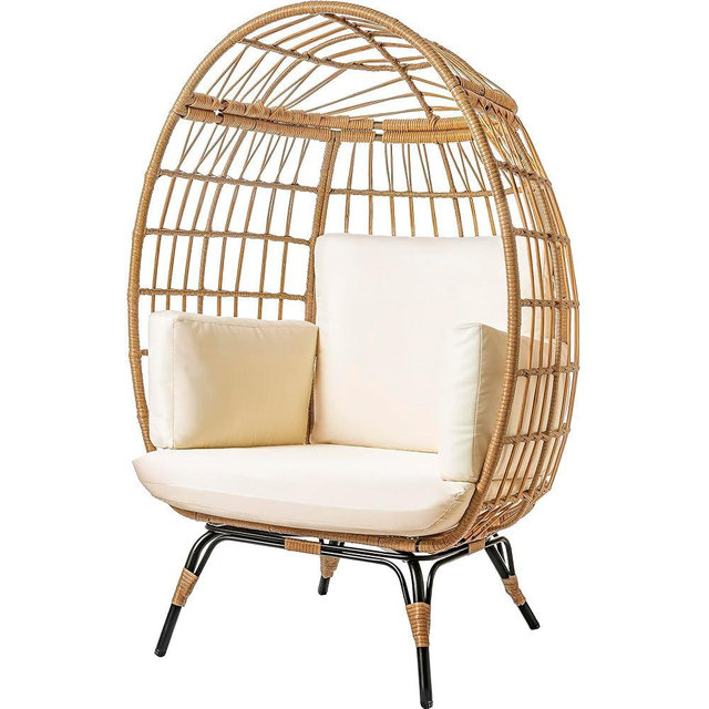 Maple99 Wicker Egg Chair Outdoor - Patio Chair, Rattan Chair, Wicker Chair PE Rattan Perfect for Backyard Lounger, & Balcony, Garden, Indoor, Steel Frame, Ivory,