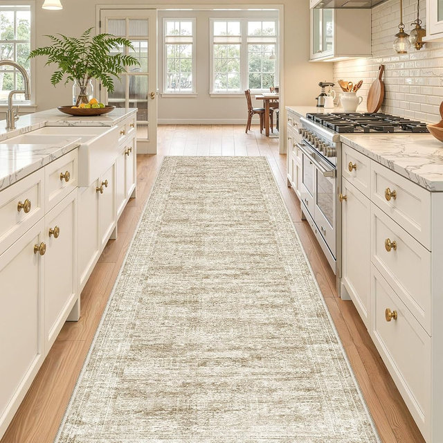Restydon Washable Runner Rug 2.5x12, Non-Slip Long Bathroom Rugs Runner for Kitchen, Living Room, Bedroom, Soft Vintage Washable Rug for Entryway, Thin Floor Mat for Dining Room(2.5'x12', Brown/Ivory)