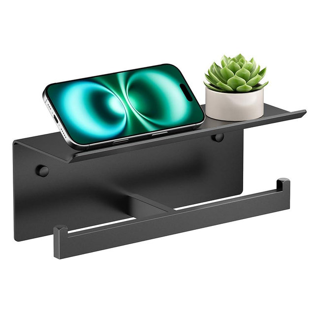 FORIOUS Black Toilet Paper Holder with Shelf, 304 Stainless Steel Wall Mount Commercial Toilet Paper Dispenser, Double Tissue Roll Holder for Bathroom, Matte Black