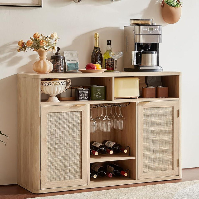 Lerliuo Rattan Wine Cabinet with 2 Doors, Boho Liquor Cabinet with Wine Racks, Farmhouse Coffee Bar Station for Living Room, Dining Room, Kitchen, Natural Wood