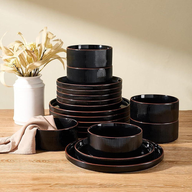 Richmount 18-Piece Plates and Bowls Set, Porcelain Dinnerware Sets for 6 Service, Modern Dish Set with Rust-Red Rim, Chip and Scratch Resistant, Dishwasher & Microwave Safe, Black