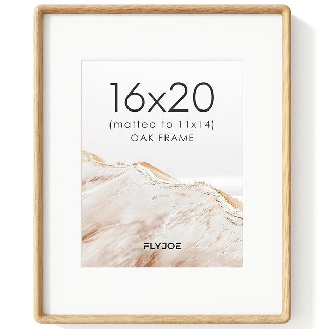FLYJOE 16x20 Picture Frame, Natural Solid OAK Wood Photo Collage Frame with HD Tempered Glass, Rounded Corner Wooden Frame 16 x 20 Matted to 11x14, Gallery Wall Frames for Art, Wall or Tabletop Display