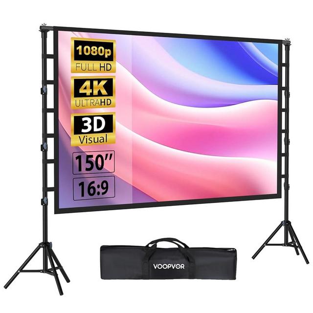 Outdoor Projector Screen with Stand 150 Inch: VOOPVOR Portable Projection Screen and Stand, Indoor Rear Front Movie Screen 16:9 4K HD, with Carry Bag,Support Height Adjustable for Home Theater Camping