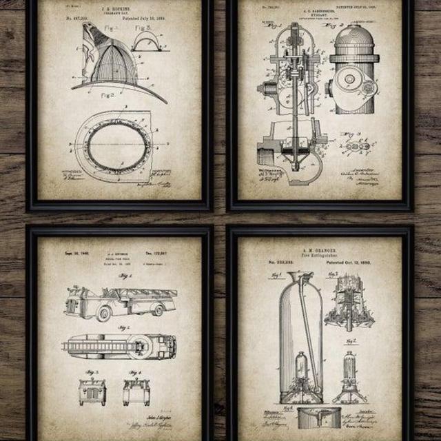 Vintage Firefighter Patent Print - Firefighting Blueprint Wall Art - Fire Rescue Gift Home Decor - Set Of 4 Prints #411 - INSTANT DOWNLOAD