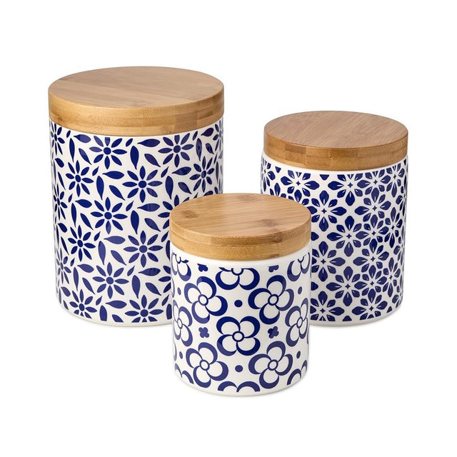 Madison 3pc Canister Set - Premium Porcelain with Bamboo Lids, Blue and White Patterns - Large 96 oz, Medium 80 oz, Small 30 oz - Perfect for Pantry Storage and Organization
