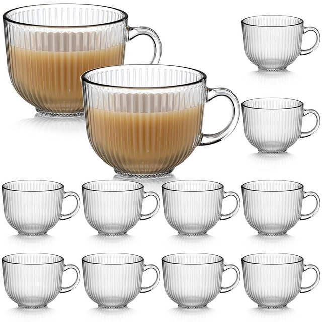 Acellegic 12 Pack Ribbed Glass Coffee Mugs with Handles, 12 Ounces Glass Coffee Mugs, Clear Tea Cups for Hot/cold Drinks, Glassware Set for Americano, Latte, Cappuccino