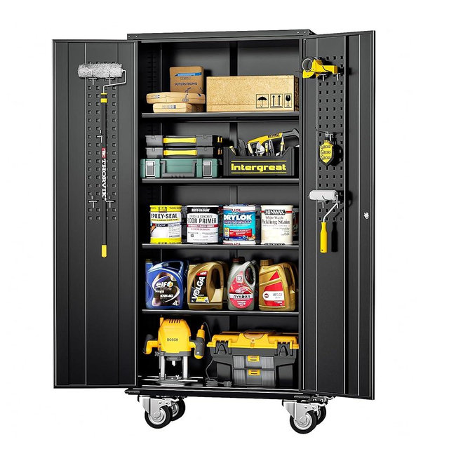 INTERGREAT Metal Storage Cabinet with Wheels, 72" Lockable Mobile Cabinets with Adjustable Shelves, Large Capacity Rolling Tall Cabinet with Casters for Home Office, Kitchen, Garage, School(Black)