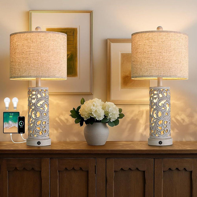 OYEARS Bedside Table Lamps Set of 2 with USB & Night Light, 22'' Farmhouse Bedroom Lamps for Nightstand, Vintage Table Lamps for Bedroom Living Room Home Offce (Bulb Included)