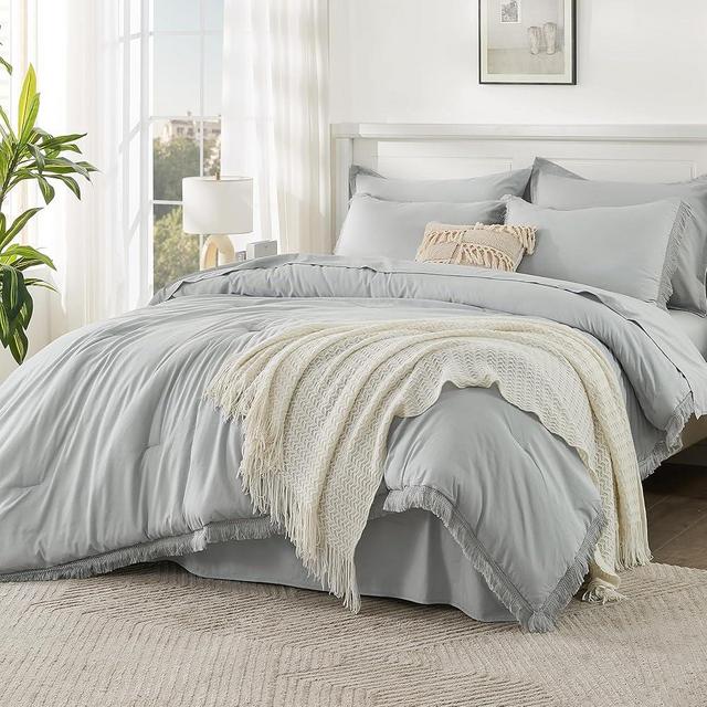 Andency Light Grey King Size Comforter Set with Sheets - 7 Pieces Boho Tassel Bed in a Bag Soft Lightweight Bedding Sets, Light Grey Fringe Bed Set with Comforter, Sheets, Pillowcases & Shams