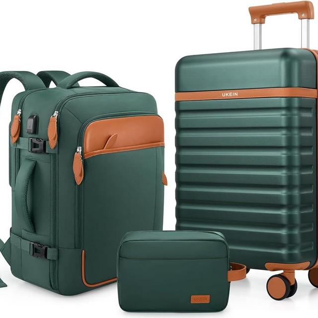 Luggage Sets 3 Piece, Carry On Luggage 20 Inch With Spinner Wheels,PC Hardside Suitcase Set with TSA Lock,Durable Carry On Suitcase With Travel Backpack for Men Women (Green, 3 piece set (20inch))