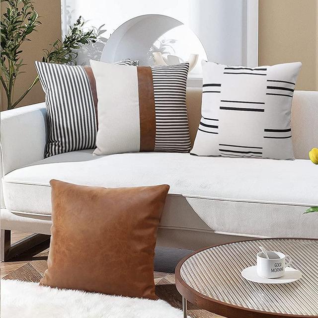 Decorative Throw Pillow Covers 18x18 Inch Set of 4 Boho Modern Neutral Pillowcase Farmhouse Stripe Faux Leather Cushion Case for Livingroom Bedroom