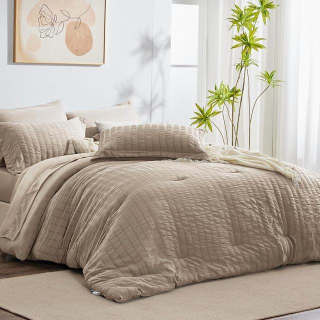 CozyLux Queen Seersucker Comforter Set with Sheets Khaki Bed in a Bag 7-Pieces All Season Bedding Sets with Comforter, Pillow Sham, Flat Sheet, Fitted Sheet, Pillowcase
