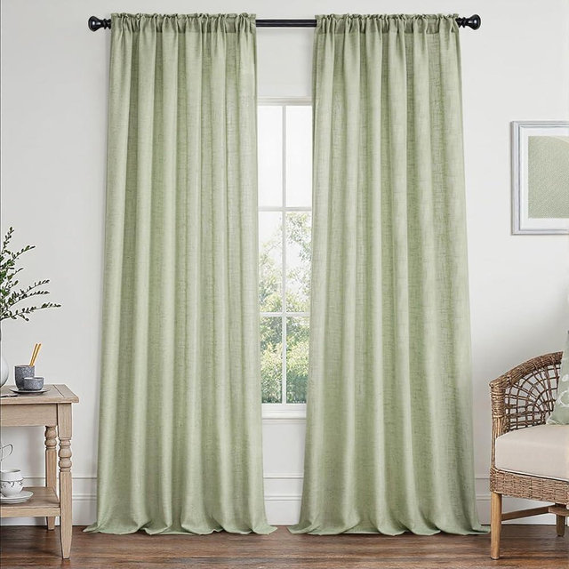 MIULEE Sage Green Linen Curtains 90 Inch Length 2 Panels Set for Living Room Bedroom Semi Sheer Light Filtering Farmhouse Rod Pocket Long Soft Thick Linen Textured Window Drapes W42XL90