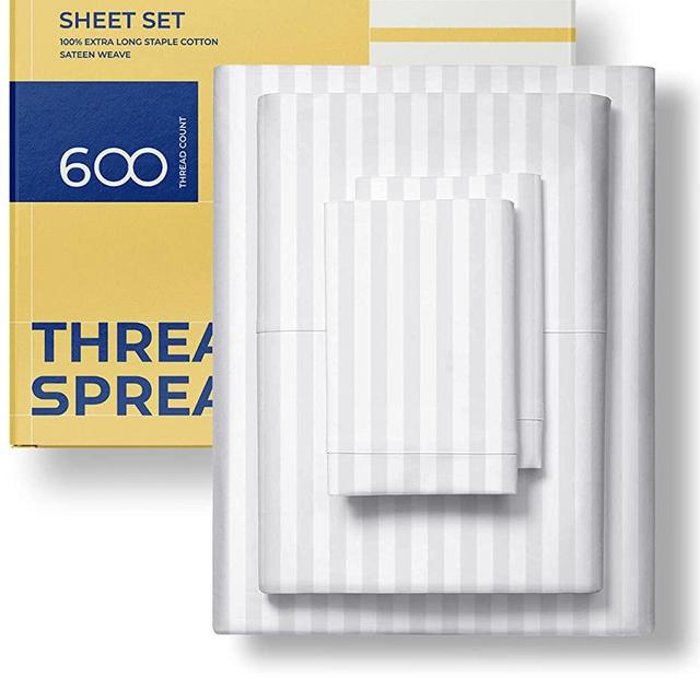600 Thread Count Egyptian Quality 100% Cotton Stripe Sheets Set, King Size Bedding Set in Snow White