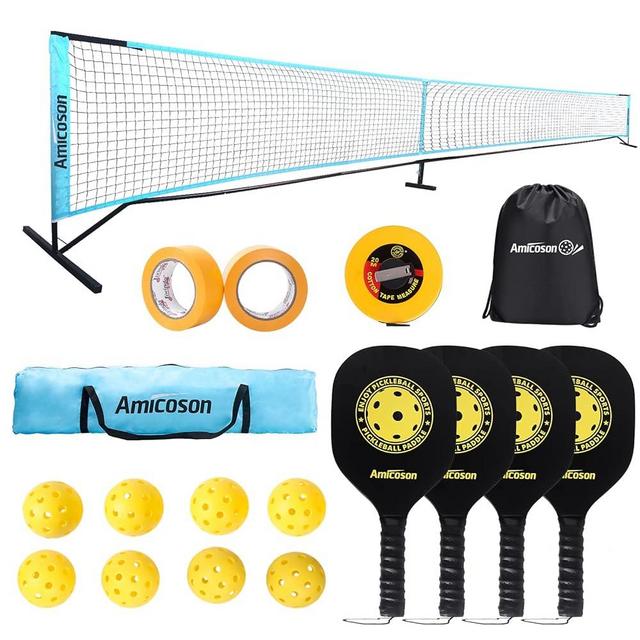 Amicoson Pickleball Set with Net, 22FT Pickleball Net Sets Portable Outdoor with 4 Wooden Pickleball Paddles, 8 Pickleballs, 1 Carrying Bag, 1 Backpack, 2 Rolls of Court Marking Tape &1 Measuring Tape