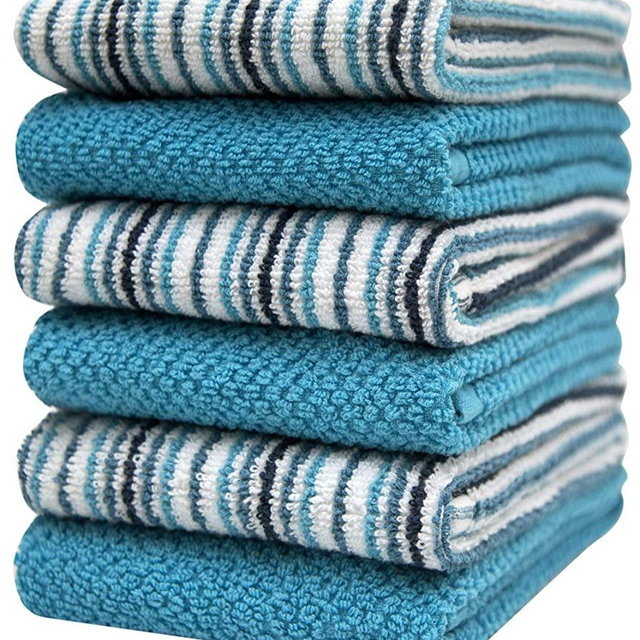 Premium Kitchen Towels (16”x 26”, 6 Pack) – Large Cotton Kitchen Hand Towels –Popcorn Stripe Design – 400 GSM Highly Absorbent Tea Towels Set with Hanging Loop – Aqua