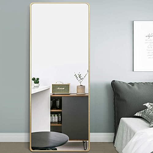 PexFix 65"x22" Floor Mirror Full Length Mirror Bedroom Standing Mirror Rectangular Wall Mounted Mirror Standing Hanging Leaning, Curved Corner, Gold