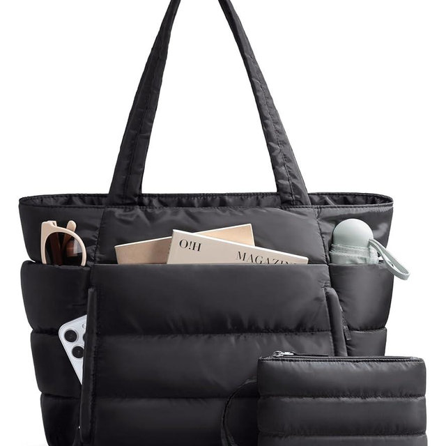 Puffer Tote Bag for Women, Lightweight Puffy Work Handbag Teacher Nurse Quilted Shoulder Bag for School Travel Gym