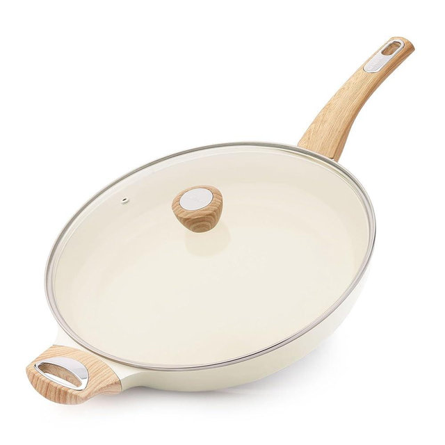 SENSARTE Ceramic Nonstick Frying Pan Skillet with Lid 12.5Inch Large Non Stick Non-toxic Healthy Kitchen Cooking Chef's Pan, Free of Intentionally Added PFOA/PFAS/PTFE, Induction Compatible, White