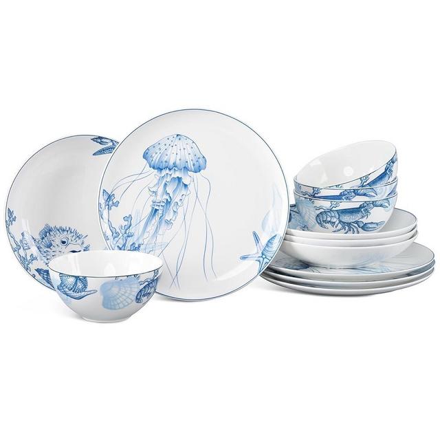 Minh Long 12-PCS Porcelain Coastal Dinnerware Set, Plates, Bowls, Service for 4, Chip & Scratch Resistant, Oven Safe up to 482°F, Non toxic, Lead & Cadmium Free, Stackable, Dishwasher & Microwave Safe