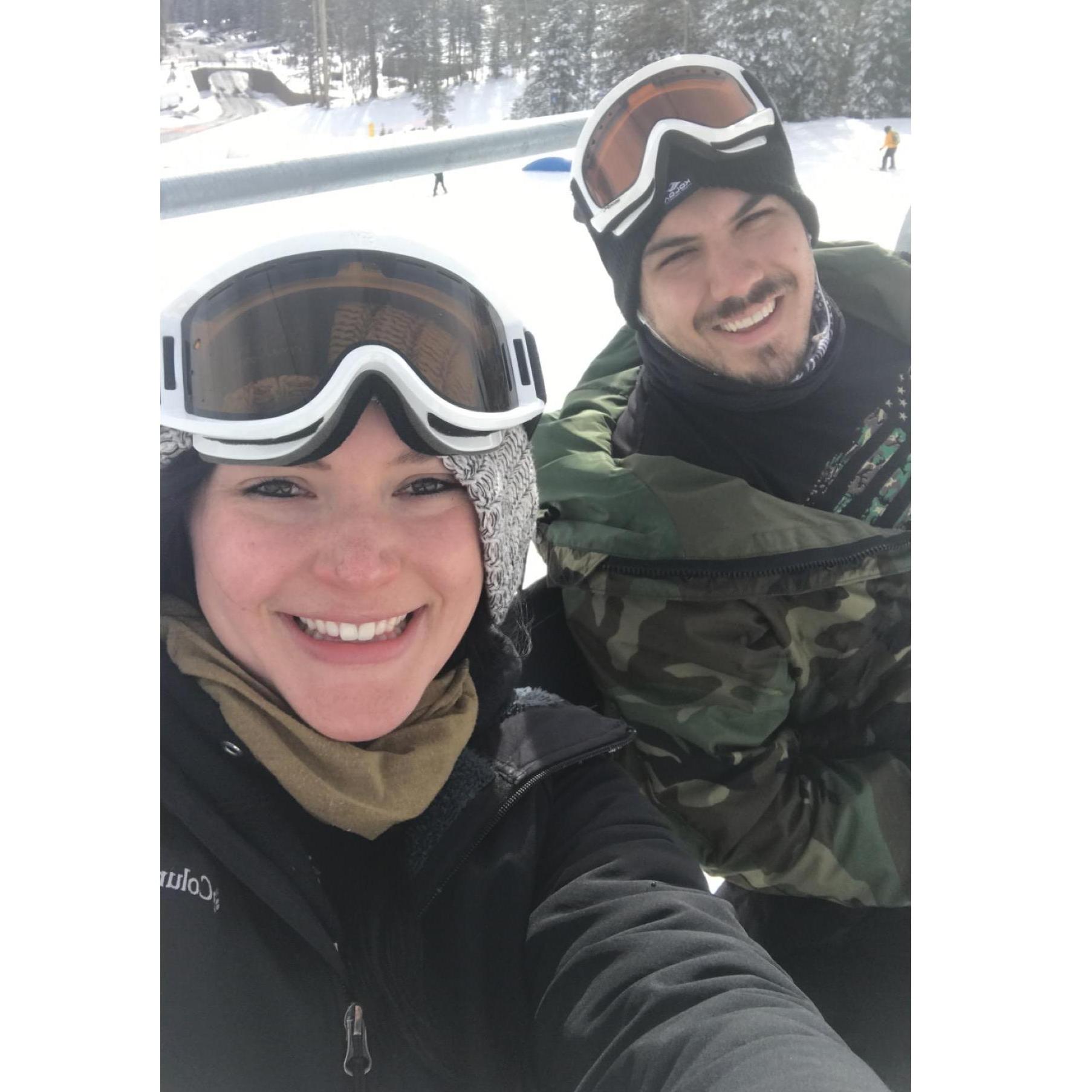 Snowboarding over Christmas break. PS I had one of the worst colds of my life and, although I had snot dripping down my face the whole day, Chris still managed to have fun with me!