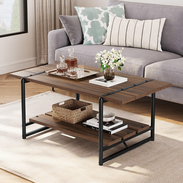 WhizMax 2 Tier 40.9" x 21.7" x 18.1" Wood Coffee Table with Storage Shelf, Brown