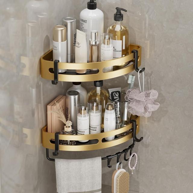 Geobella Adhesive Shower Corner Caddy，2-Pack Heavy Duty Shower Corner Shelves Rack with 8 Hooks and 1 Towel Bar，Rustproof Bathroom Organizer No Drilling Wall Mounted