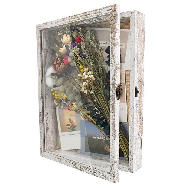 GraduationMall 11x14 Wood Shadow Box Frame Glass Door Display Case with Linen Back and 6 Stick Pins,1.5 inches Interior Depth,Ideal for Memorabilia Pictures Flowers Medals Tickets Rustic White