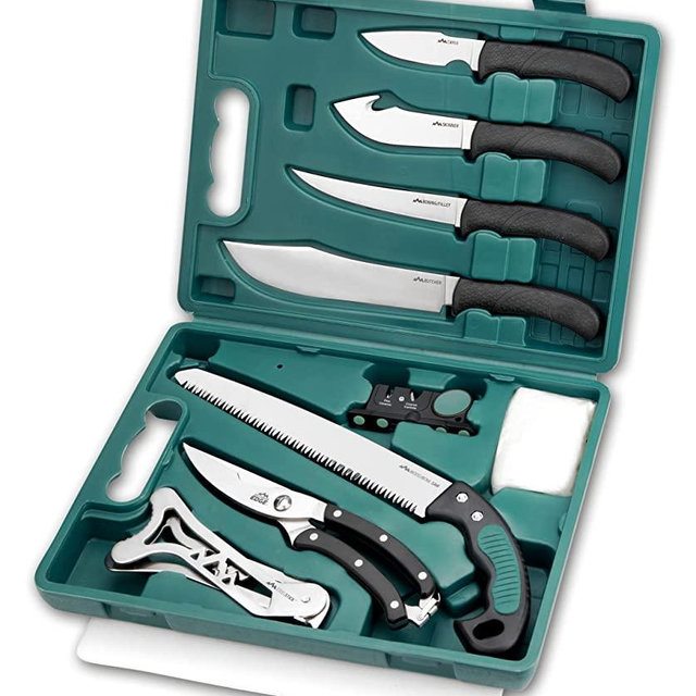 Outdoor Edge Game-Pro, 11-Piece Hunting & Game Processing Knife Set with Caping, Boning, Butcher & Gut Hook Skinning Knives, Saw, Shears, Knife Sharpener, Rib Spreader, Gloves, & Cutting Board