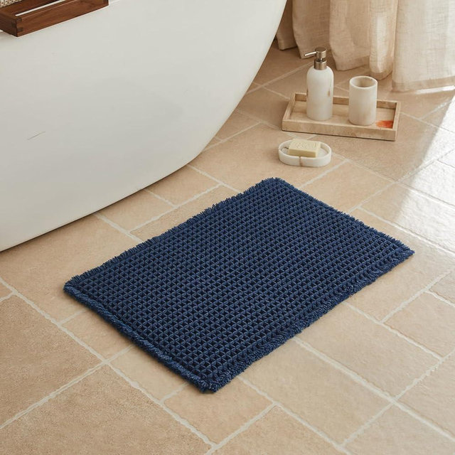 Triohero Waffle Bath Mat, Small Boho Bathroom Rugs Non Slip Washable, Ultra Soft Super Absorbent Quick Dry Farmhouse Bathroom Decor, 16" x 24", Navy Blue